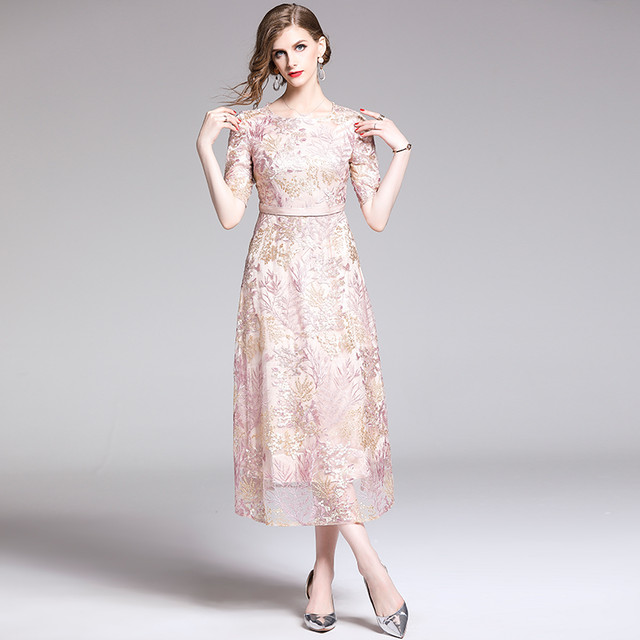 ワンピース ドレス ロング丈 透け感 リーフ柄 パステルカラー 五分袖 Aライン 刺繍 結婚式 二次会 パーティ セレモニー ウエストマーク Fsk15 Alice Mode