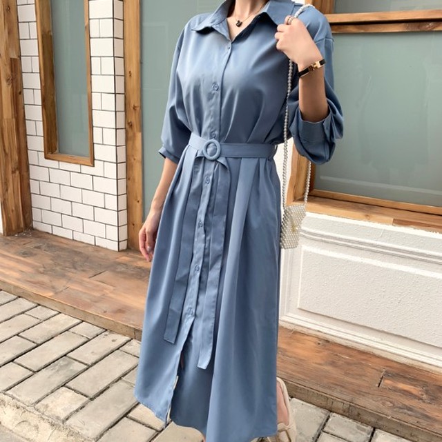 秋物 ワンピース シャツワンピース 長袖ワンピース Aラインワンピース ハイウエスト フレア ミモレ丈 オフィス デート Pourelle