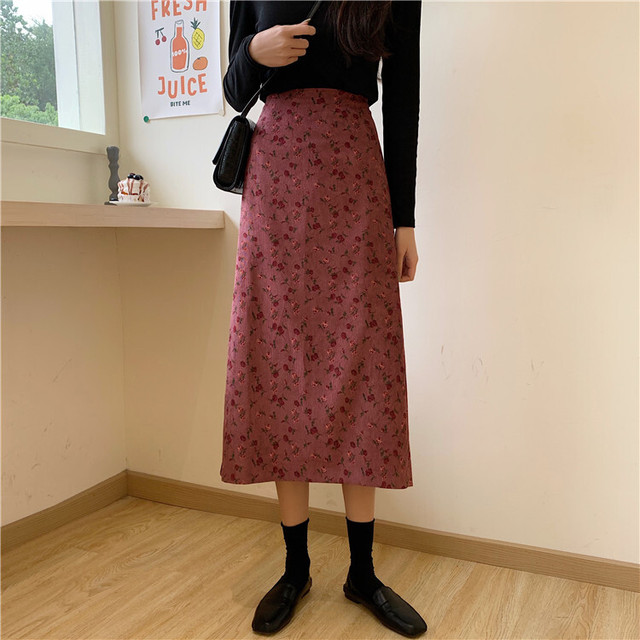 〈カフェシリーズ〉花柄コーデュロイスカート【flower corduroy skirt】
