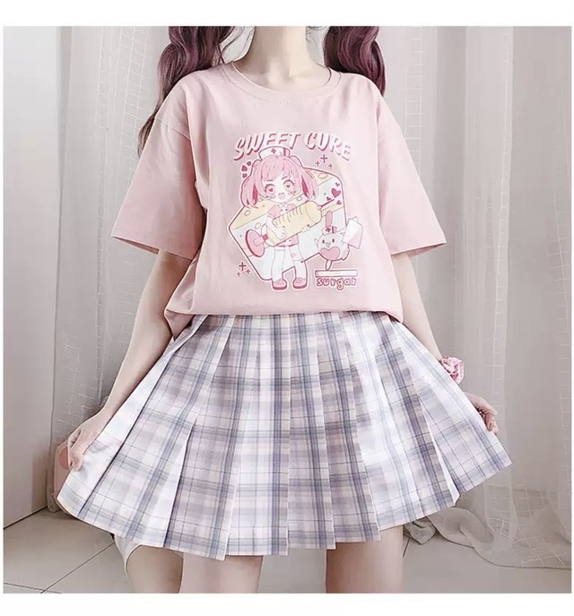 Top Mode トップス Tシャツ ピンク スウィート ラフ ルーズ オーバーサイズ 半袖 ナース 女の子 うさぎ ケーキ ゆるかわ 病みかわいい ゆめかわいい ラブリー キュート 夏 普段使い Z107 Top Mode