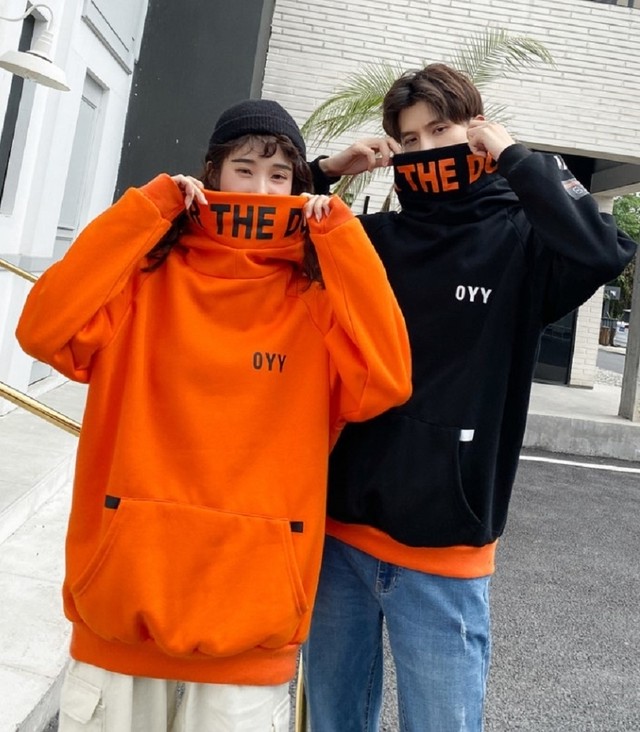 パーカー Oyyビッグフードパーカー ブラックorオレンジ 韓国ファッション パーカー おしゃれ 服 フード付き ペア カップル 服 メンズ レディース ユニセックス お揃い プレゼント ハイネック K Pop 韓流 韓国 Korean ビックシルエット Aio Online Store