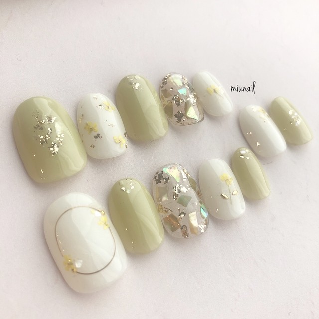 037 予備チップ付送料込 押し花ネイル 結婚式ネイル ブーケネイル ミモザネイル 春ネイル イエローネイル Miunail ネイルチップ