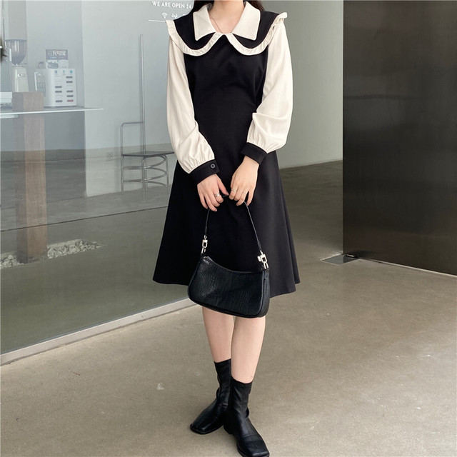 ワンピース バイカラー 襟付き 長袖 ひざ丈 Aライン フリル レトロ ガーリー フェミニン きれいめ クラシカル お呼ばれ パーティー デート 秋 冬 Pa9349 Mahha Planet
