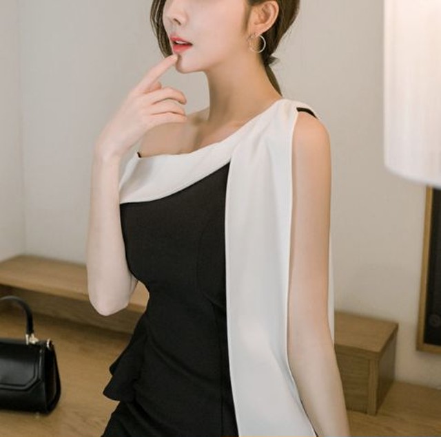 きれいめ ワンピース フォーマル ワンピース 結婚式 お呼ばれ ワンピース 秋冬 タイトワンピース 膝丈 ワンショルダー バイカラー Jm8164 Dress Plaatje