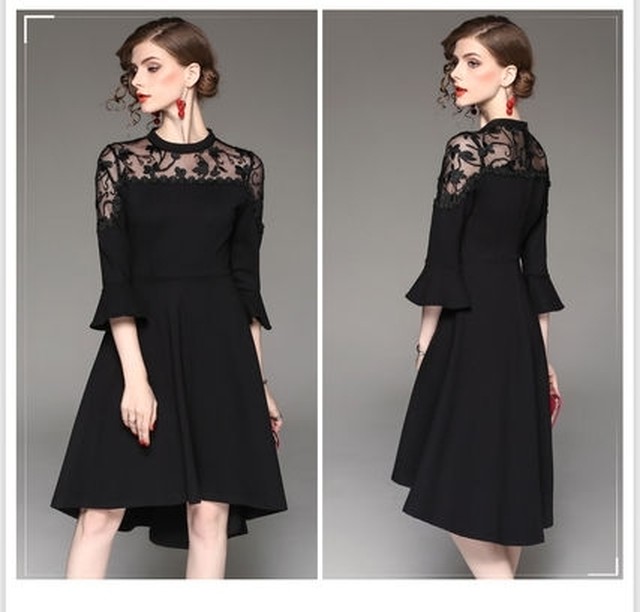 ワンピース ドレス 胸元レース 透け感 上品 フレア フィッシュテール ベル袖 結婚式 フォーマル 二次会 パーティ お呼ばれ 人気 0155 Skymarket Base2号店