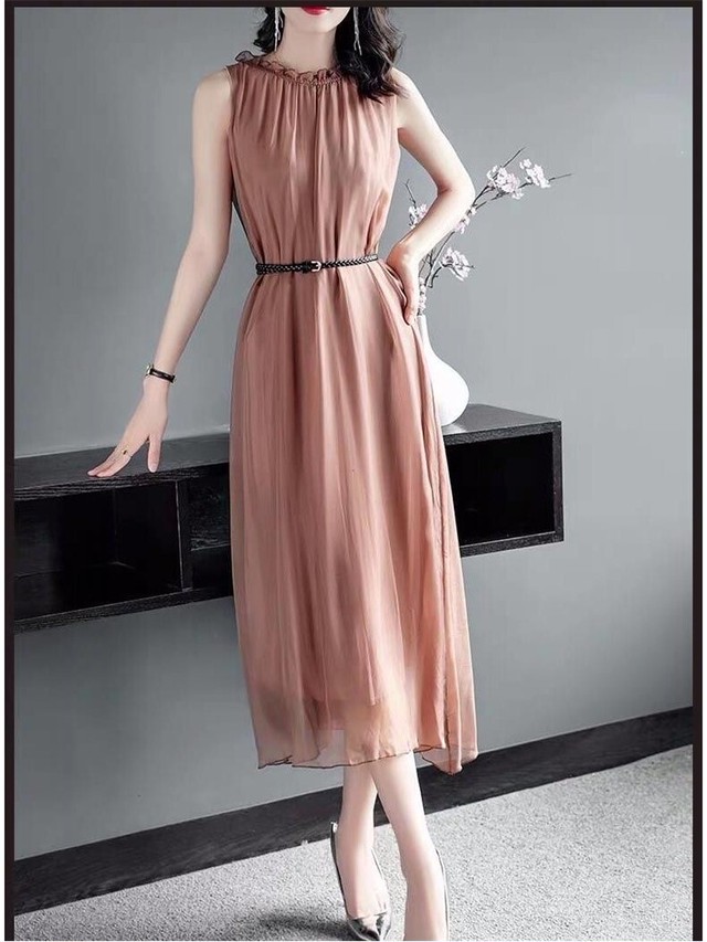 パーティードレス ロングドレス ミモレ丈 シフォン ノースリーブ ハイネック ワンピース 透け感 エレガント きれいめ 体型カバー 結婚式 お呼ばれ パーティー フォーマル セレモニー 春 夏 大きいサイズ Crystalhk