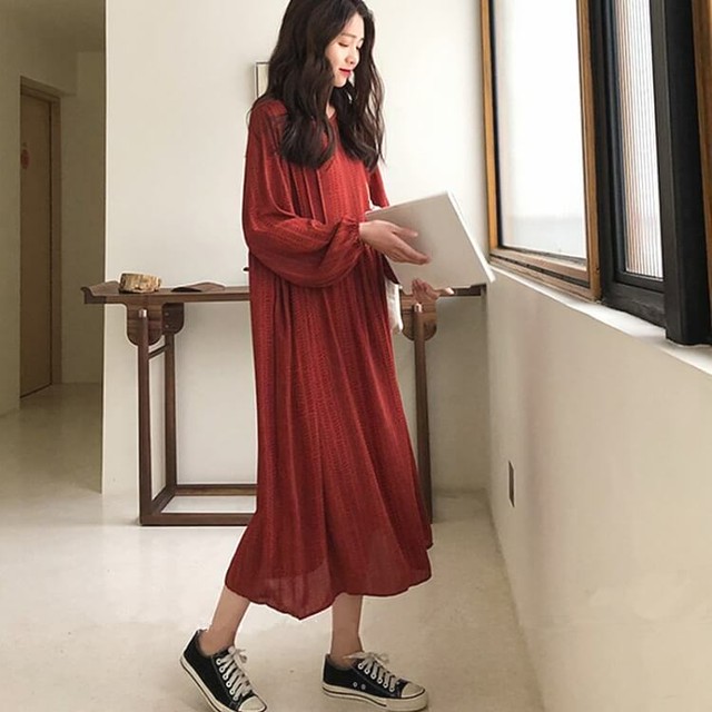 ワンピース シフォン ミモレ丈 ハイウエスト レトロ調 ロング 大人 Luciole