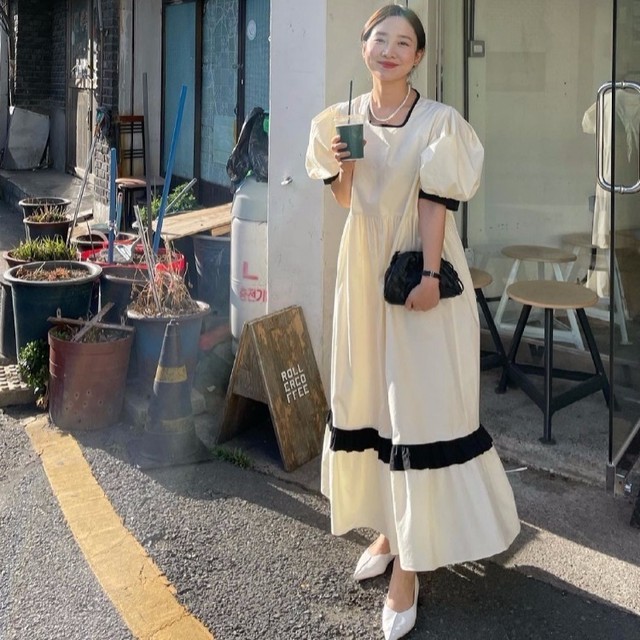 大人 スクエアカラー バイカラー ワンピース 夏 人気 2色 Dyh海外子供用品