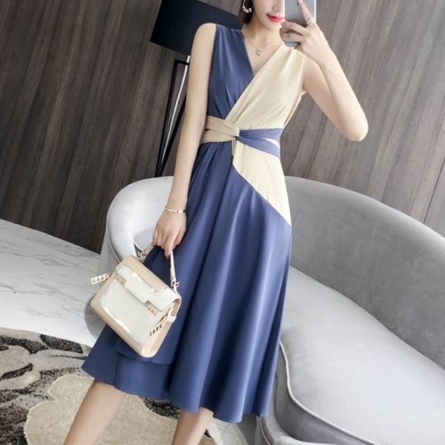 バイカラーワンピース パーティードレス 結婚式 ドレス ワンピース お呼ばれ 結婚式ワンピース 結婚式パーティードレス シンプル 同窓会 謝恩会 二次会 パーティー ノースリーブ ひざ丈 フレア 上品 Musubi Me Luxe