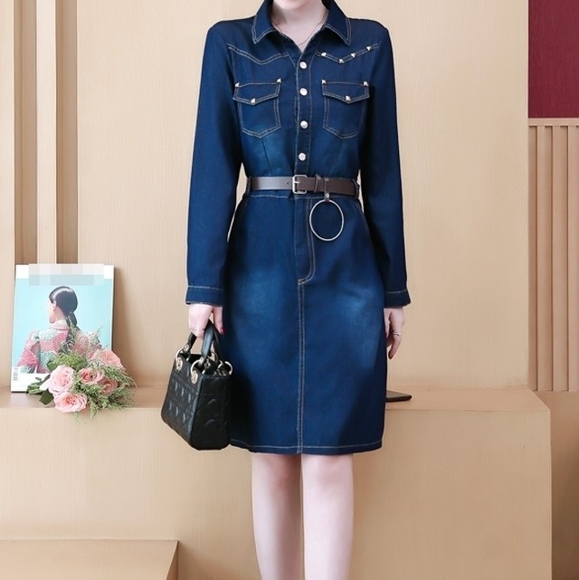 ワンピース シャツワンピース ケミカル デニムワンピース ジーンズ ボタン 長袖 ポケット ベルト ひざ丈 カジュアル デート 大人 大きいサイズ スタッズ 秋 Like Fashion プラス