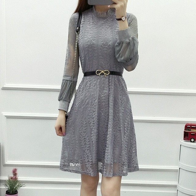 ファッションレースランタンスリーブレギュラーウエストaラインハイネックレースワンピース 75stores