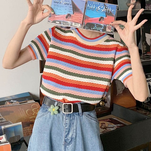 トップス 春夏 サマーニット ボーダー カットソー 半袖 レディース カラフル プルオーバー レディース 韓国ファッション 直輸入通販 セクシーワンピース クールカジュアル 全品送料無料 Ukky Franky