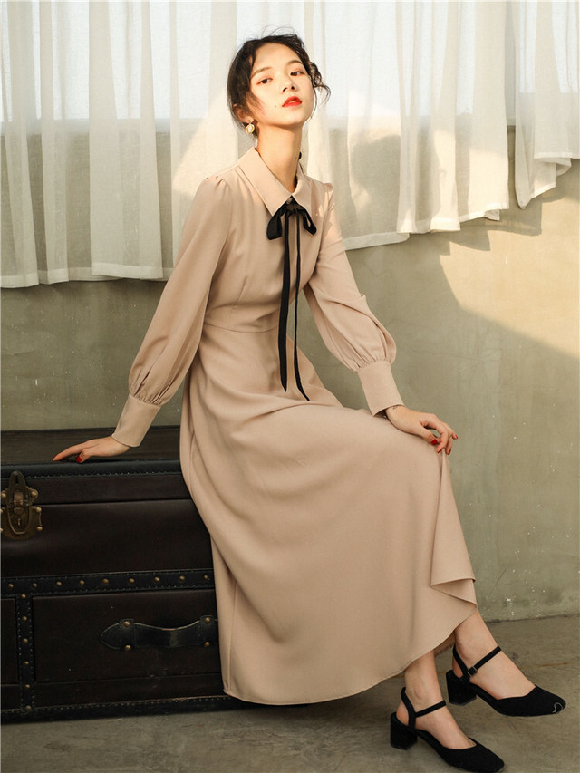 秋 冬 レディース ワンピース ロングワンピース カーキ カジュアル 長袖 レトロ リボンタイ かわいい おしゃれ 韓国 きれいめ プチプラ Fa 10 16 Dress Sugar Moon