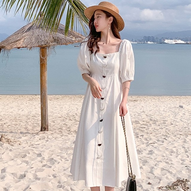 バルーンスリーブ ロング丈 ワンピース レディース マキシ丈ワンピース ホワイト 夏服 ブッファンスリーブ 半袖 スクエアネック きれいめ Rx0323 Raxia ラクシア