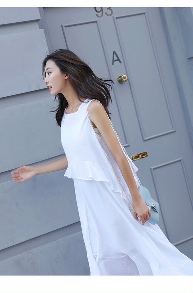 夏新作 ワンピース ロングワンピース ロング丈 無地 ノースリーブ 白ワンピース フリル アシンメトリー フィッシュテール ラウンドネック きれいめ 爽やか デート リゾート 夏yi933 Valentina210