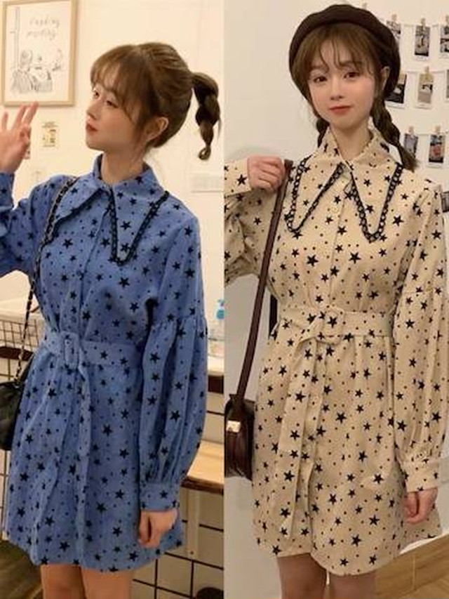 ワンピース レディース 星 スター お洒落 ミニワンピース ポップ キュート 長袖ワンピース 襟 ドルマンスリーブ シャツワンピース Happy Toon
