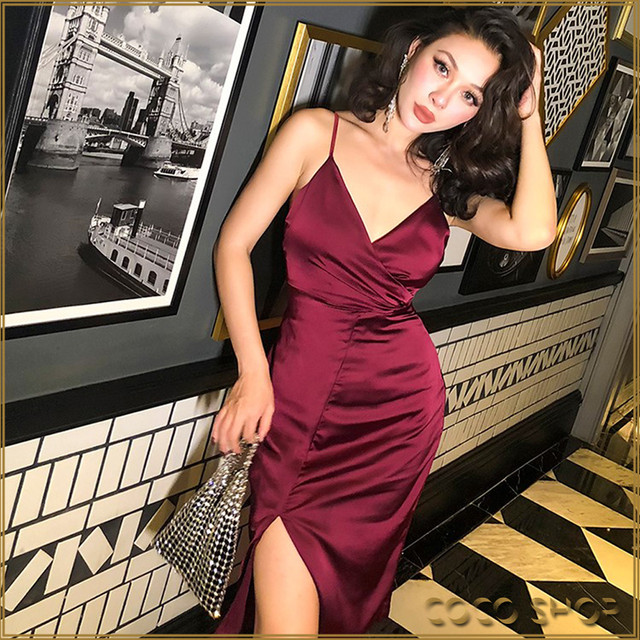 Le Palais Vintage セクシーな女神の気質のサテングレープレッド カシュクールドレスワンピース ドレス パーティー おしゃれ ファッション デート Fashion Party Coco Shop