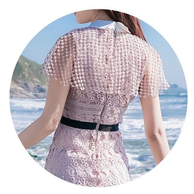 ワンピース ポロ襟 フローラル ピンク レース ワンピース フラワー フェミニン ミニ ショート トレンド きれいめ お出かけ お呼ばれ 二次会 パーティー コーデ 着回し Uki Uki