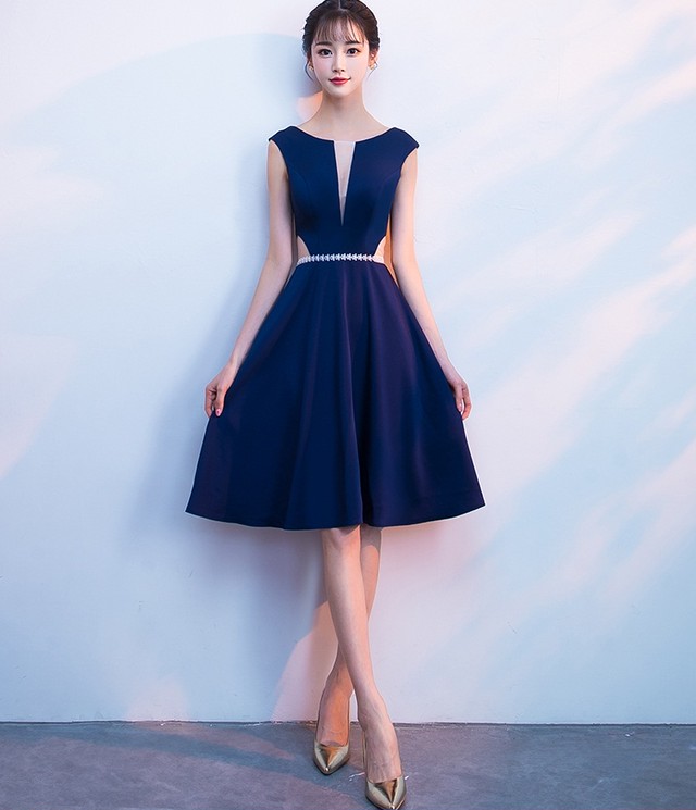 ノースリーブ ひざ上丈 ラウンドネック ネイビー ワンピース ドレス 披露宴 二次会 同窓会 パーティー お呼ばれ 結婚式 謝恩会 演奏会 式典 コンサート Duox0039 19新作ドレス Onlythebestオンリーザベスト