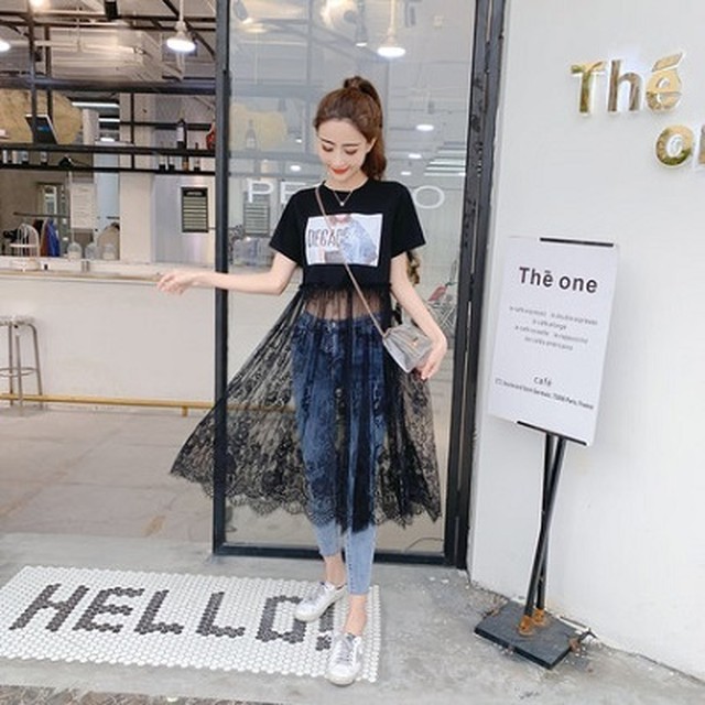 シースルーワンピース ｔシャツ レディース ワンピース ロング丈 ドッキングワンピース チュニック レース 重ね着 春 夏 カジュアル 韓国 オルチャン 白 黒 プチプラレディースファッション通販 Yboueki