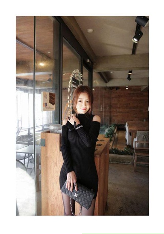 長袖オープンショルダーワンピース 肩出し ハイネック フィット ニットワンピ セクシー 黒 ドレス パーティ Select Shop Skry スクリー