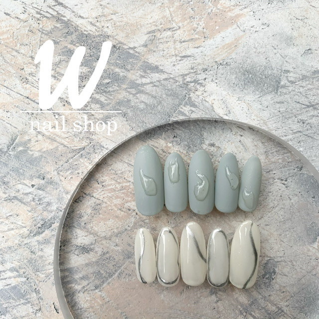 サンプルデザイン10 ブルー グレー雫アシメネイルチップ Nail Shop W ダブリュー ネイルチップ パーツ ストーン販売店