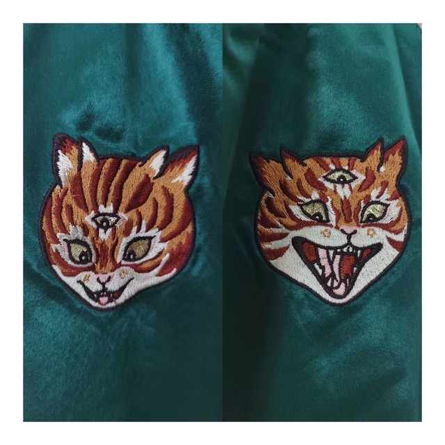 三つ目 猫 松刺繍 金刺繍 昭和レトロ 虎柄 和柄 スカジャン ジャケット アウター レディース 緑 S 派手 奇抜 猫グッズ 原宿 ストリート 韓国 秋物 冬物