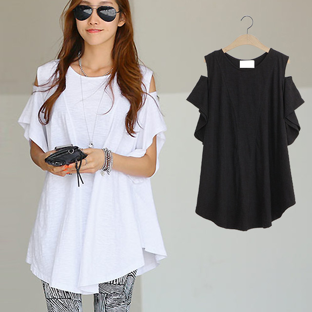 肩出し ランダム スリーブ 丈長 トップス カットソー チュニック 黒 白 半袖 Garage Diva 106