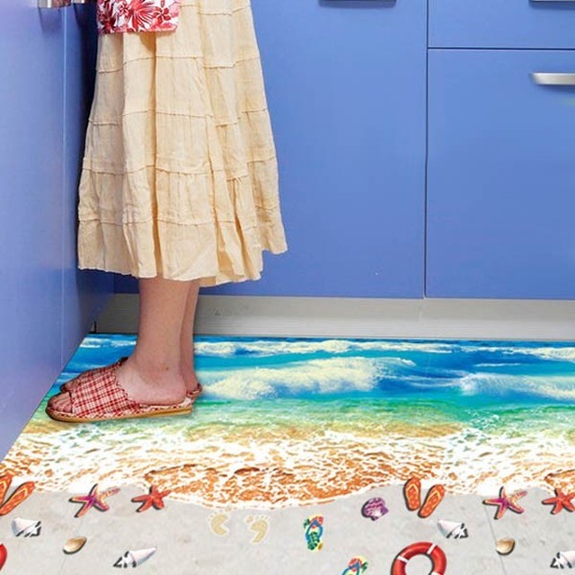 ウォールステッカー 床用 うち際の波 砂花 貝殻 だまし絵 トリックアート インテリアステッカー Diy 剥がせる Peachyshop