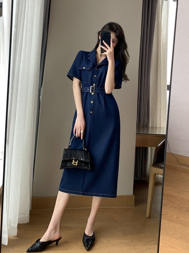 シャツワンピース レディース 40代 マキシワンピース 春夏新作 半袖ワンピース デニム Aラインスカートオシャレ韓国風 大人 カジュアルrb R3 24 Nk06 0027 Redbell