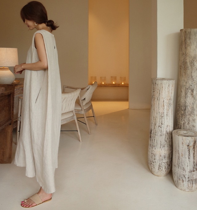 送料無料 コットンリネンワンピース ノースリーブ ロングワンピース リネンライク T 223 Rondy