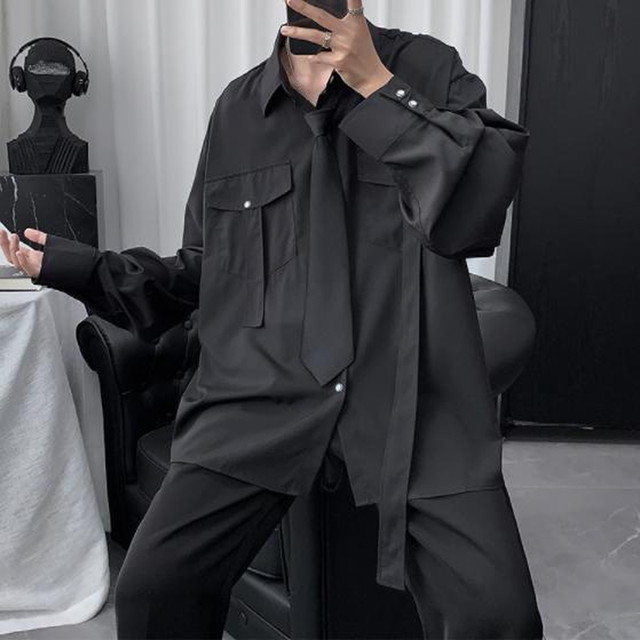 天使と悪魔 メンズ シャツ フラップポケット ネクタイ付き 病み可愛い おしゃれ ストリート系 ビッグシルエット かっこいい オルチャン 10代 代 天使と悪魔 サブカル系ファッション Seasonz