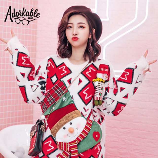 かわいいクリスマスレトロな雪だるまウールセータージャケット アメカジ ストリート系レディース韓国オルチャンファッション通販ショップ アドーカブル