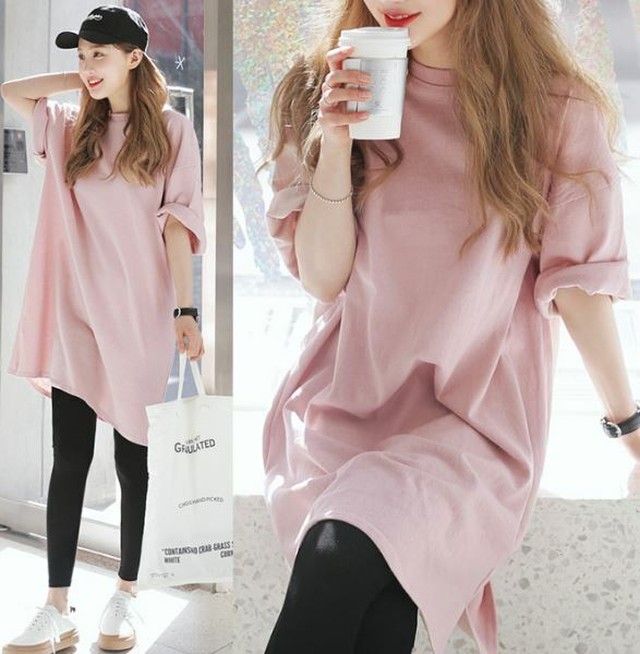 ゆったりらくちん チュニックワンピース レディース ピンク 無地 シンプル ビッグシルエット 体型カバー 大きいサイズ Aki96 Fulgeo