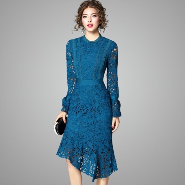 国内即納 即日配送 パーティードレス お呼ばれ 他と被らない ブルー 花柄 総レース アシンメトリー 長袖 ワンピース ワンピ フォーマル カラードレス 代 30代 40代 ドレス 成人式 2次会 花嫁 キャバ 結婚式 ゲストドレス Aライン レディース セクシー お嬢様 発表会