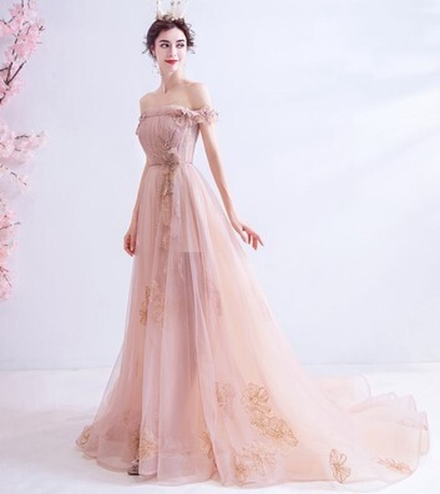 美品 大きいサイズ 薄ピンク オフショル トレーン カラードレス ウエディングドレス Ynswedding23