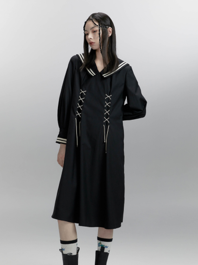 ワンピース レトロ リボン カレッジ セーラー Vネック 膝丈 襟付き 制服風 フランス Ann19 Top Mode