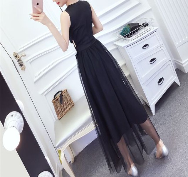 ロングワンピース ワンピ 韓国 コーデ きれいめ 40代 30代 黒 白 マキシ丈 ロング丈 ノースリーブ ラウンドネック 演奏会 およばれ おしゃれ 大人 春夏 代 ゆったり 体型カバー Dress Plaatje