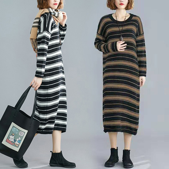 大きいサイズフリー ワンピース ハイゲージニット ロング丈 ボーダー 通勤通学 Zy レディース ミセス カジュアル 1910 1911 1912 秋冬 s 6l大きいサイズ揃う Orange本店