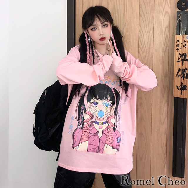 お支払い確認後日以内発送 Romelcheo かまってちゃん 長袖 Tシャツ ロンt ロング 病みかわいい イラスト レディース 原宿系 個性的 青文字系 ガーリー メンヘラ女子 カジュアル ファッション ロメルチェオ Romelcheo