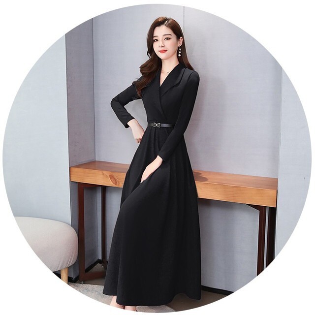 ワンピース 長袖 ロングワンピース ロングフレアワンピース フレアワンピース 上品ワンピース 体型カバー 開襟 カシュクール エレガント きれいめ 謝恩会 食事会 お呼ばれ 赤 黒 G16 Mhf Clothes
