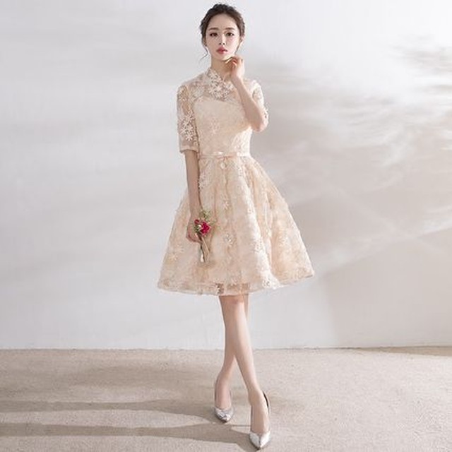 可愛い 白 レースパーティードレス 結婚式 二次会 発表会 衣装 Bianka