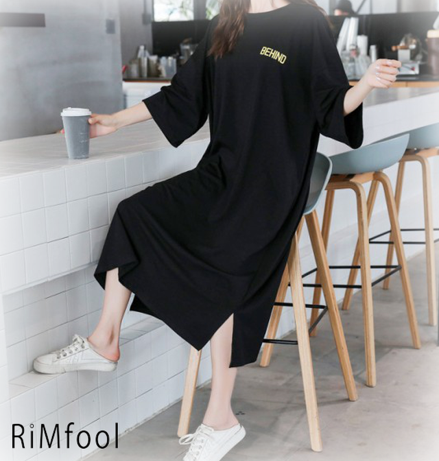 ロングtシャツ レディース Tシャツワンピ 大きいサイズ ひざ下丈ワンピ 半袖 丸首 春夏 体型カバー ゆったり シンプル Rimfool