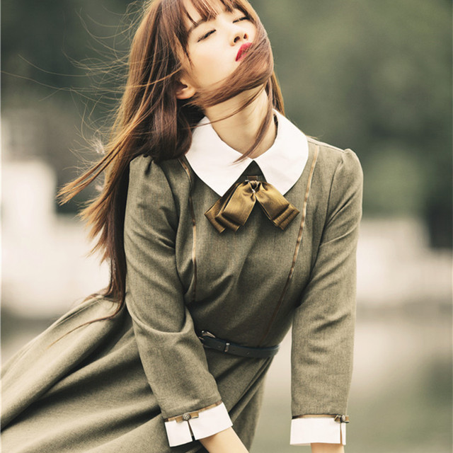 ワンピース 大人 ひざ丈 ボウタイ リボン 長袖 セーラーカラー フレア Aライン ハイウエスト ウエストマーク 大きいサイズ 体型カバー かわいい きれいめ フェミニン Evergreen