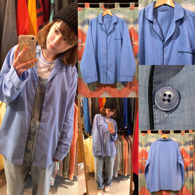 コットンパジャマシャツ ブルー 開襟シャツ Men Sl位 古着 レディース メンズ 古着屋 陽気な古着屋frank