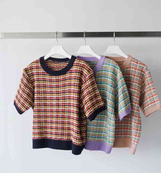 カットソー レディース Tシャツ カジュアル 半袖 トップス シンプル 大きいサイズ 春 夏 秋 薄手 サマーニット ツイードデザイン ゆったり ゆるい 袖あり 体型カバー 二の腕カバー ラフカジ ふんわり 個性的 派手 婦人服 レトロ クルーネック マルチカラー トラッド 英国