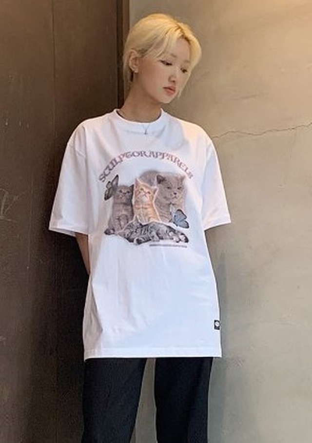 Sculptor Kitten Boxy Tee Tシャツ 2色 猫プリント 韓国ブランド めいるめいるスマイル