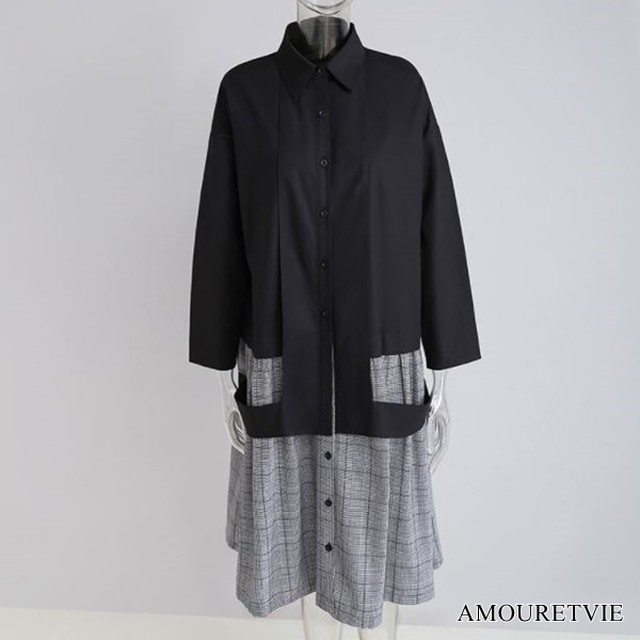 ワンピース ロング シャツワンピース シック モダン スタイリッシュ モノトーン バイカラー モード系 ヴィジュアル系 17 Amouretvie モレヴィ