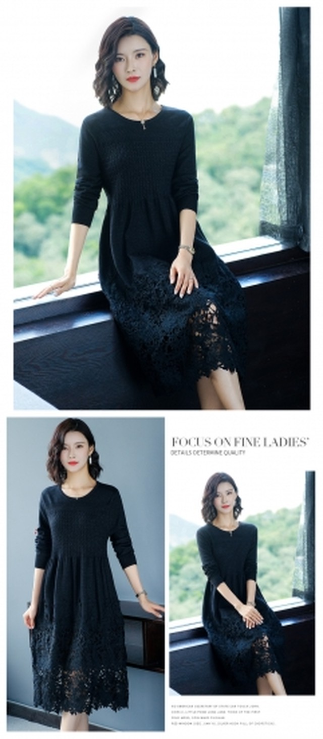 大きいサイズのワンピース 冬 きれいめワンピ ワンピース 膝丈 40代のワンピース 長袖ワンピース 裾レース ニットワンピース K0704 Shopmall To You