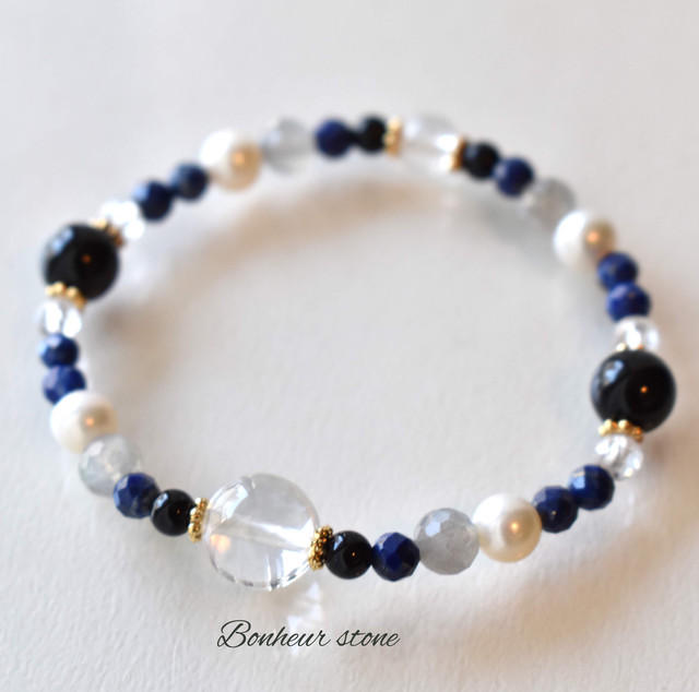 水晶 オニキス ラピスラズリ ラブラドライト 淡水パール 厄除け パワーストーン ブレスレット Bonheur Stone 天然石 パワーストーン ブレスレット